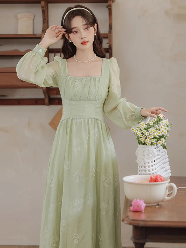 Koisoon ﻿French Elegant Green Mori Girl Style Flowers Embroidery Sweet Dress Square Collar Full Sleeve Chiffon Fashion Dress For Women ﻿