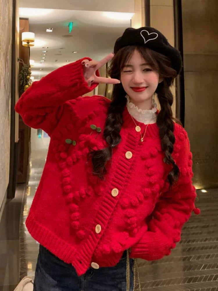 Koisoon Cute Strawberry Women Cardigan Sweater Oversize Winter Loose Fashion V Neck Hand 3D Knit Ladies Jumper Casual Female Coat