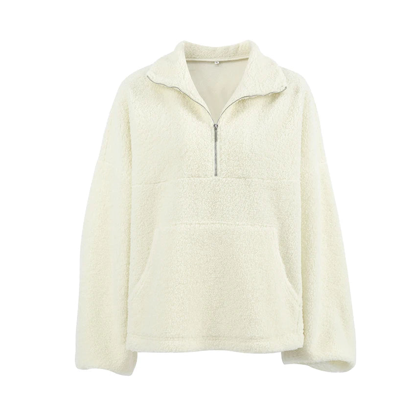 Koisoon Beige Warm Berber Fleece Zipper Sweatshirts Women Oversize Lantern Sleeves Pockets Streetwear 2024 Casual Pullover