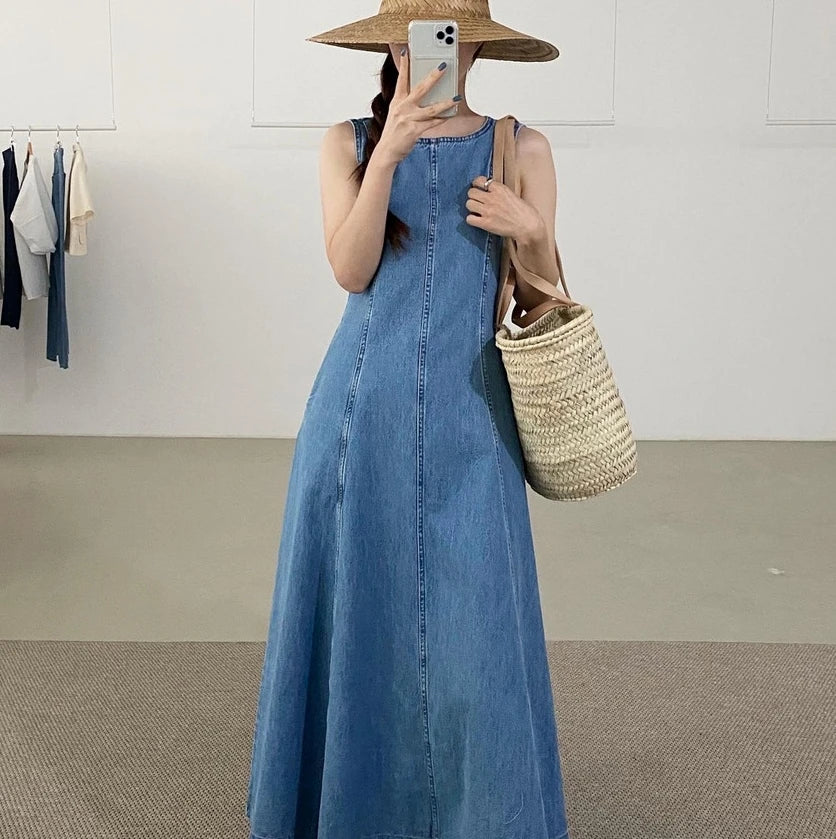 Koisoon Vintage Square Collar Denim Dress Casual Slim 2024 Summer Female Jeans Dress Zipper  Sleeveless Women Jeans Dress Vestidos S916