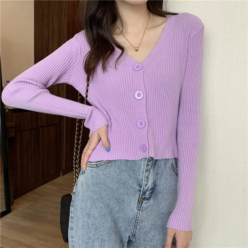 Koisoon Autumn Women Cardigan Sweater Korean Fashion All Match Slim Fit Long Sleeve Knitted Coats Casual Female Big Button Jacket