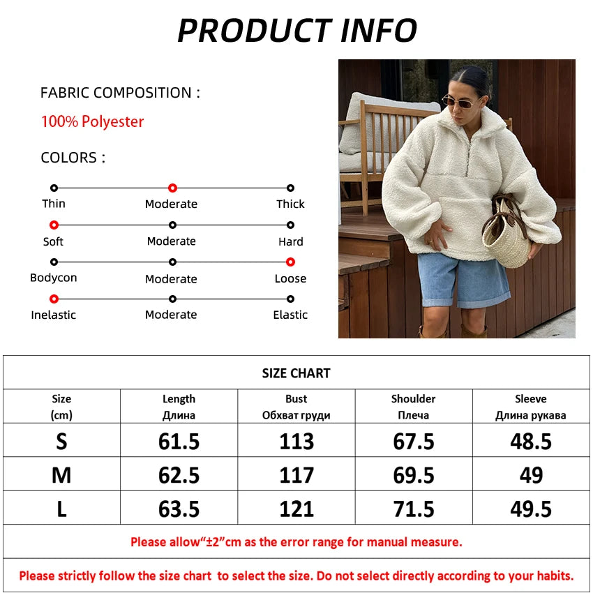 Koisoon Beige Warm Berber Fleece Zipper Sweatshirts Women Oversize Lantern Sleeves Pockets Streetwear 2024 Casual Pullover