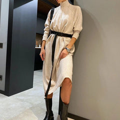 Koisoon Casual Solid Long Dress&Belt Harajuku Simple Stand Collar Zip Sweatshirt Dresses Autumn Side Split Long Sleeve Party Dress