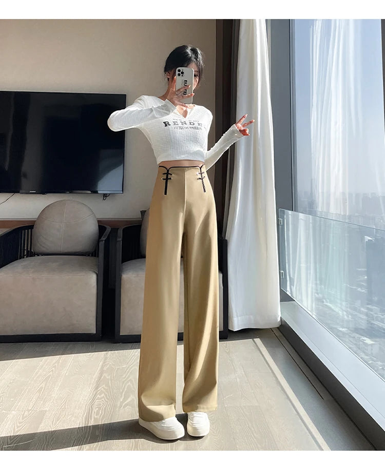 Koisoon Autumn Vintage Chinese Style Solid High Waist Wide Leg Pants Spring Women's Casaul Loose Black Soft Full Length Trousers