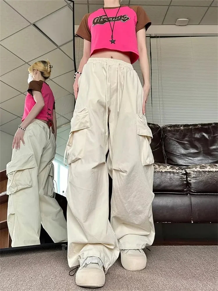 Koisoon Y2K Beige Cargo Pants Woman Streetwear Hip Hop Black Parachute Trousers Oversized Korean Fashion Wide Leg Pink Sweatpants