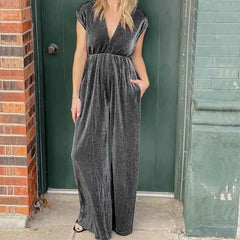 Koisoon Elegant Solid Soft Velvet Party Jumpsuits Women Spring V-neck Elastic Waist Straight Rompers Summer Sleeveless Wide Leg Overalls