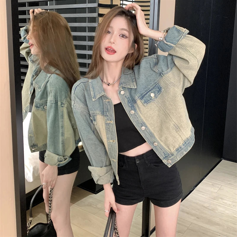 Koisoon Women Denim Jacket Vintage Korean Streetwear Loose Long Sleeve Coats Autumn Casual Female Patchwork Cropped Outwear New