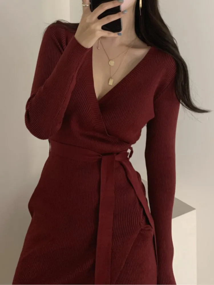 Koisoon Elegant and Chic Women Ribbed Sweater Dress Long Sleeve Vintage Bodycon Slim Knitted Dresses Fashion One Pieces Female Clothes