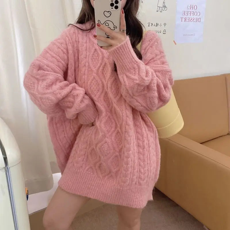 Koisoon Fried Dough Twists Sweater Women's Thickened Loose Slouchy Round Neck Pullover Medium Long Coarse Wool Knitting