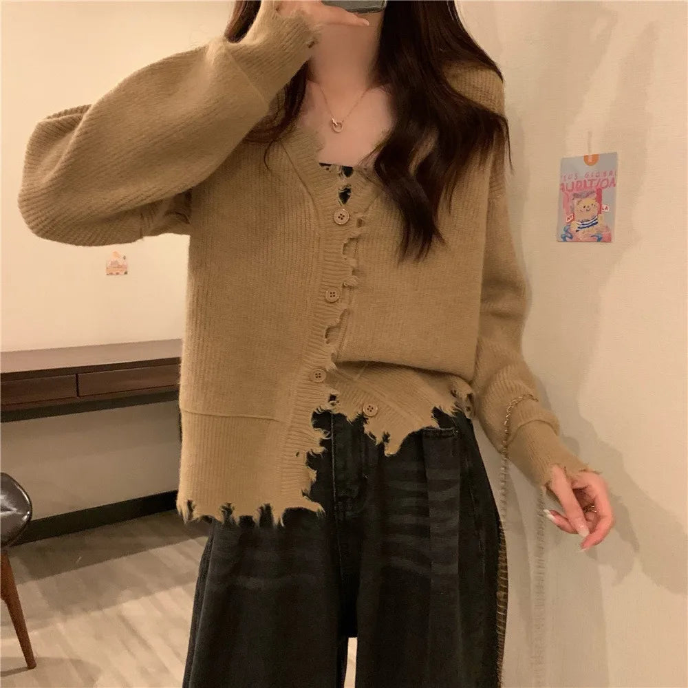 Koisoon French Style Sweater Cardigan Women Long Sleeve V-neck Frayed Sweaters Autumn Winter Cropped Kintted Cardigan Elegant Streetwear