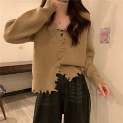 Koisoon French Style Sweater Cardigan Women Long Sleeve V-neck Frayed Sweaters Autumn Winter Cropped Kintted Cardigan Elegant Streetwear