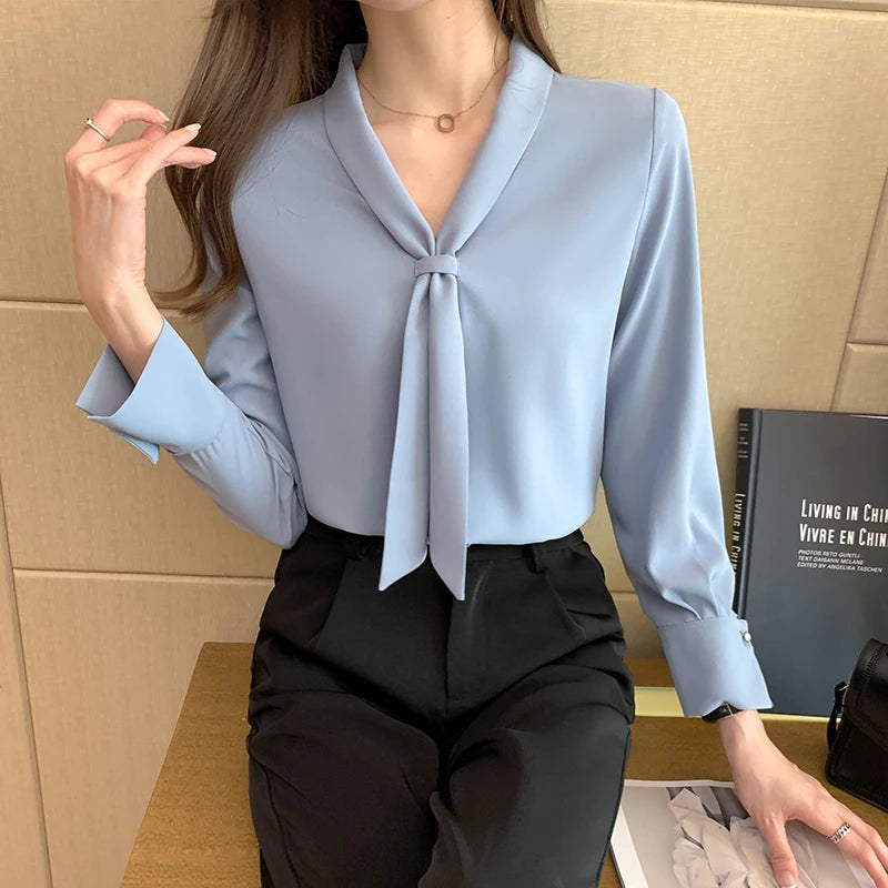 Koisoon Autumn Long Sleeve Chiffon Blouse Shirt Blouse Women Blusas Mujer De Moda Bow V-Neck Office Lady Blouse Tops Female Blouses