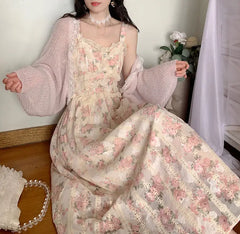 Koisoon Chiffon Lace Strap Dress Women Floral Embroidery Fairy Vintage Long Dress Female Sweet Princess Casual Party Dresses Summer