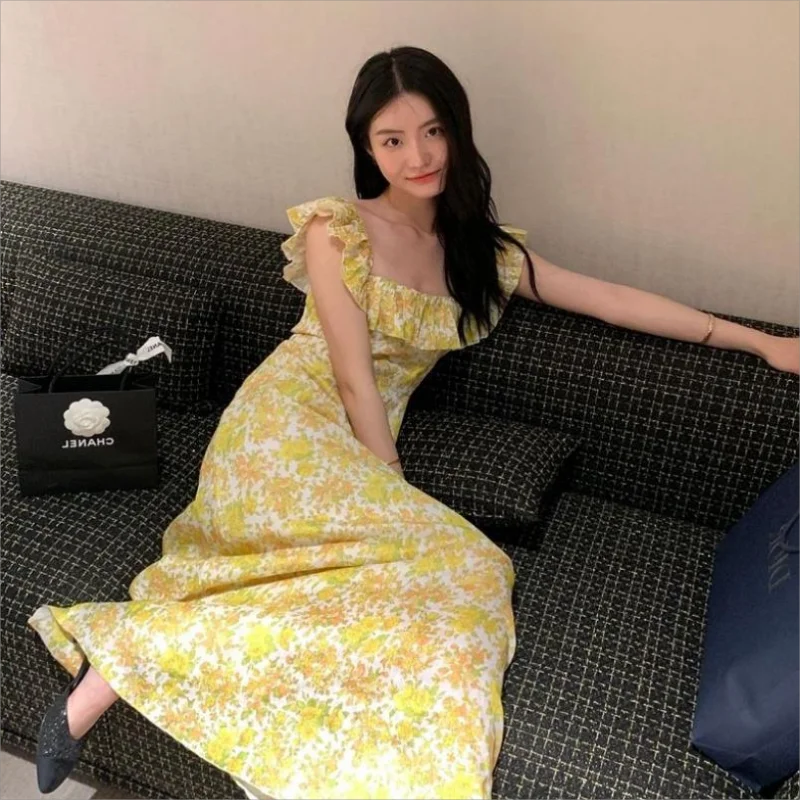 Koisoon 2024 Vintage Floral Midi Dress Women Sweet Print Square Neck A Line Dresses Korean Vacation Yellow Flying Sleeves Slim dress