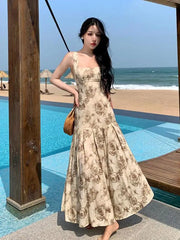 Koisoon Rose Floral Printing  Ruffles Slip Long Dresses Bohemian Backless Sleeveless Women Summer Beach Travel Party Wear Ladies Vintage