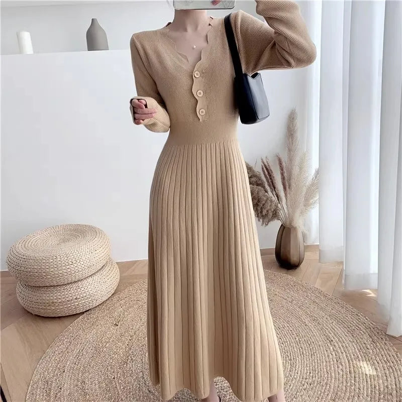 Koisoon Elegant Women's Long Sweater Dress Korean V-Neck Long Sleeved Knitted Pleated Dress Dresses Autumn New Fashion One-Pieces