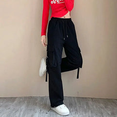 Koisoon Streetwear Fashion Women Clothing Cargo Pants Spring Autumn Solid Elastic Waist Harajuku Casual Sports Loose Wide Leg Trousers