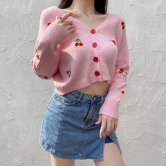 Koisoon V Neck Cropped Cardigan Embroidered Cherry Sweater Feminino Kawaii Long Sleeve Top Pull Femme Y2k Sueter Mujer Knit Coat