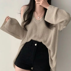 Koisoon Spring Summer Autumn Fashion Casual Solid Hollow Out Pullover Women's Soft Slim Tees Knitted Gentle Sexy Loose Sweater Top