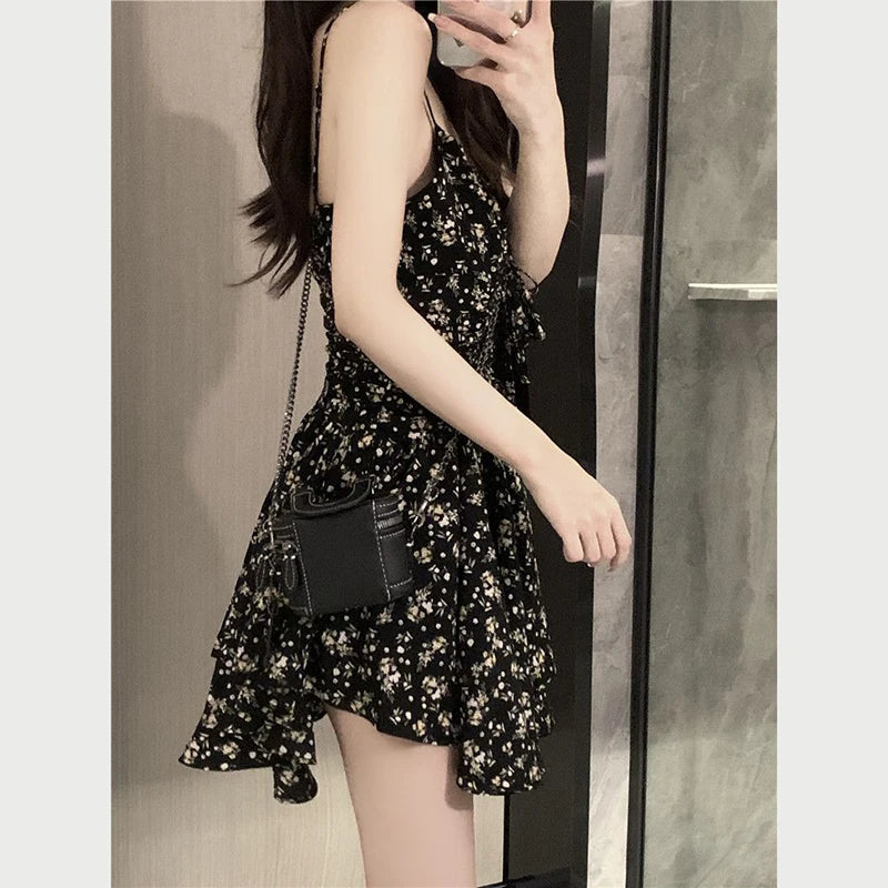 Koisoon Summer High Waist Spaghetti Strap Dress Women Korean Fashion Floral Casual Mini Dresses Y2K Female Elegant A Line Dress