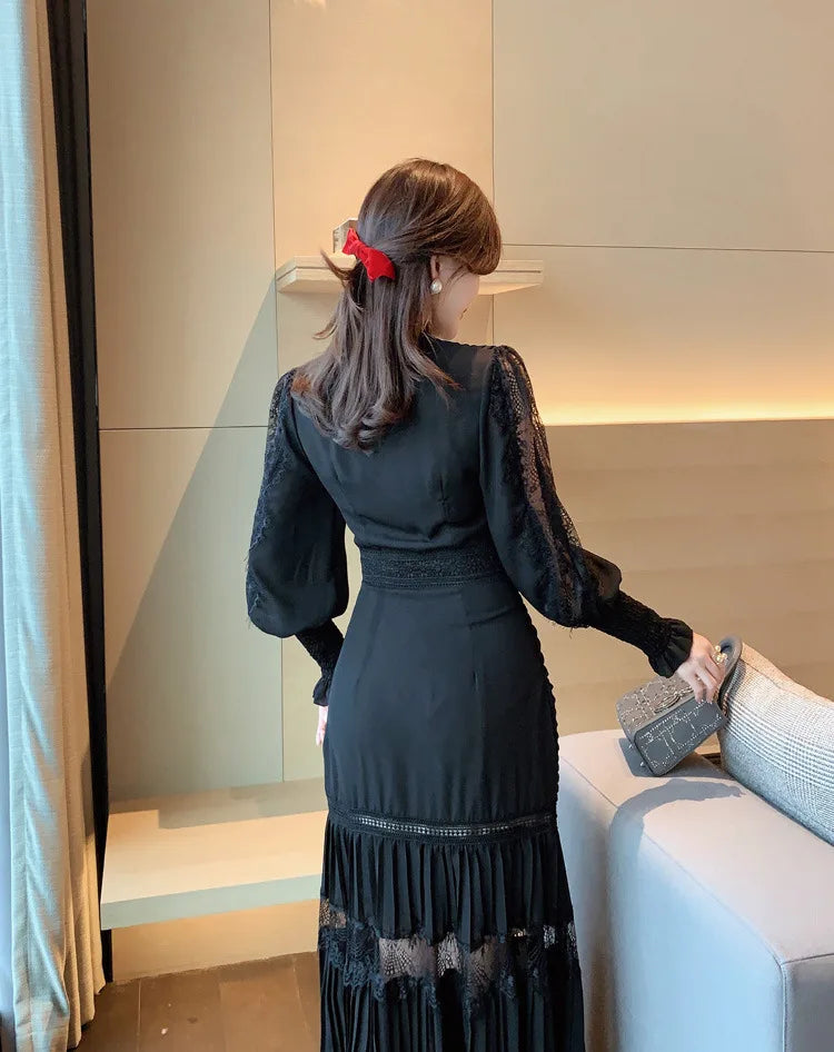 Koisoon Elegant Women Runway Designer Lantern Full Sleeve Dress Female Laces Patchwork V-Neck Midi Party Dresses Vestidos 2024