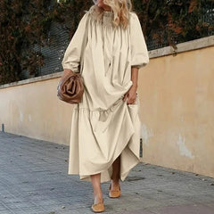 Koisoon 2024 Spring Fashion O-neck Pleated Long Dress Women Casual Solid Loose Boho Maxi Dress Autumn Lantern Long Sleeve Female Dresses