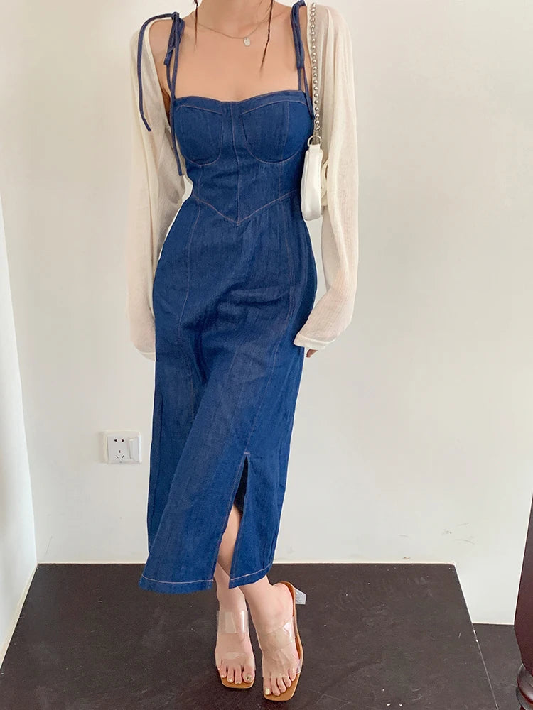 Koisoon Vintage Women Blue Elegant Denim Bandage Slip Dress High Waist Sleeveless A-line Split Jean Midi Dresses Summer Backless Fashion