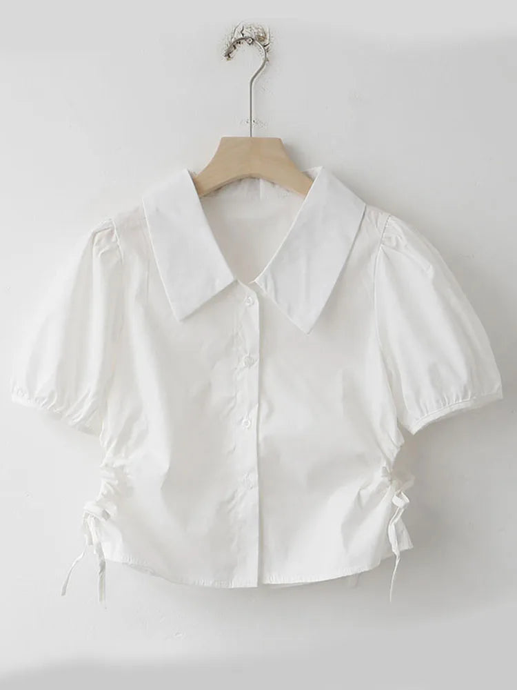 Koisoon Button Up Women Shirts Puff Sleeve Summer White Ladies Crop Tops White Fashion Lace Up Turn Down Collar Female Tops New