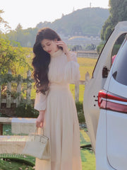 Koisoon 2024 Spring Turtleneck White Midi Dress Women  Long Sleeve French Elegant One Piece Dress Korean Fashion Y2k Clothing Design