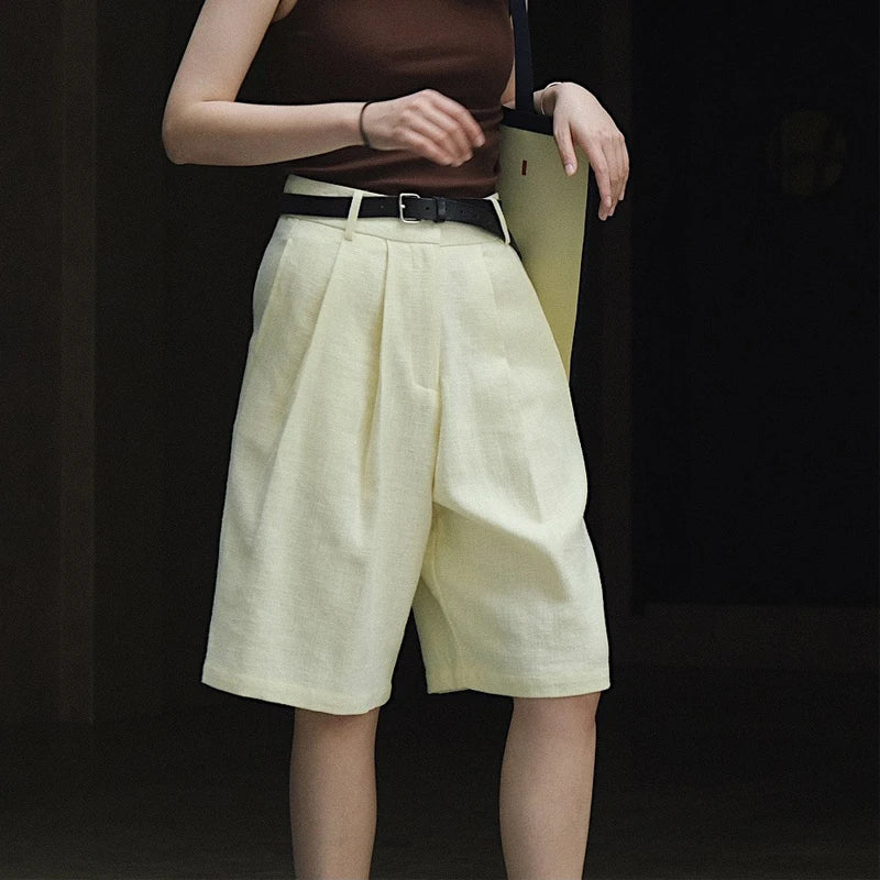 Koisoon Summer linen women's casual solid color high waist loose shorts