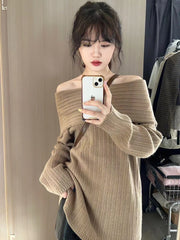 Koisoon French Vintage Solid Knitting Sweater Streetwear Autumn Cotton Off Shoulder Casual Sweet Cute Simple Office Ladies Pullover Top