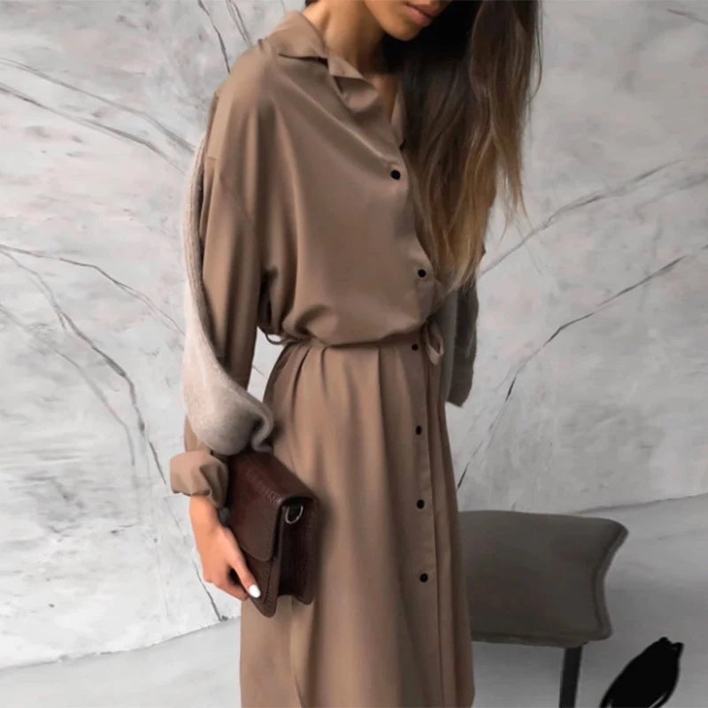 Koisoon Spring Single-breasted Satin Party Dress Women Elegant Turn-down Collar Long Shirt Dress Autumn Long Sleeve Split Office Dresses