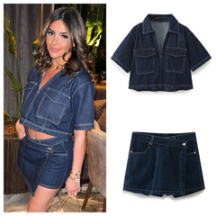 Koisoon 2024 Spring New Women's Fashion Temperament Casual Versatile V-neck Short Denim Shirt Double Breasted Denim Skirt Set