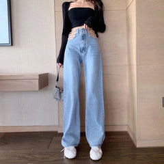 Koisoon Sexy Hollow Out Chain Streetwear Jeans for Women Summer High Waist Loose Harajuku Straight Denim Pants Fashion Korean Y2K Jeans