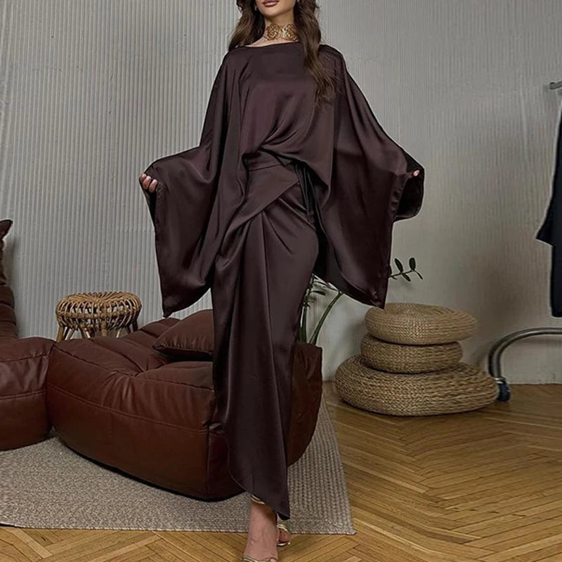 Koisoon 2024 Spring Elegant O-neck Satin Party Dress Women Sexy Slim Draped Irregular Long Dress Autumn Batwing Sleeve Boho Maxi Dresses