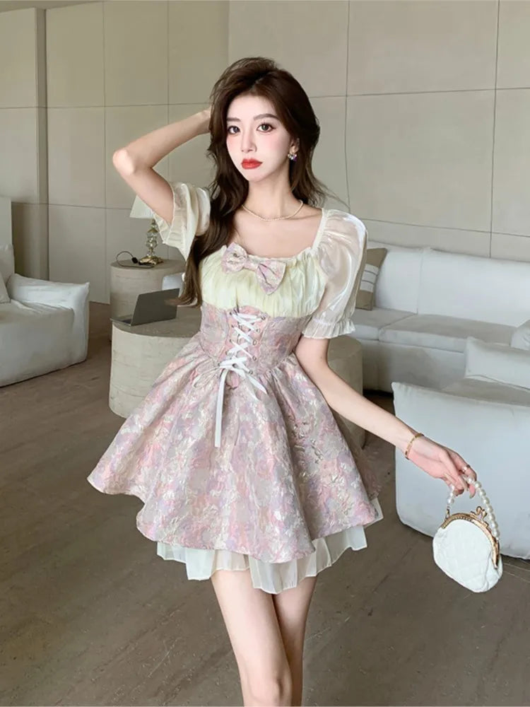 Koisoon 2024 Y2K Summer Japanese Lolita Women's Princess Dress Bandage Cosplay Costumes Bowknot Ribbon Square Collar Mini Dress Fashion