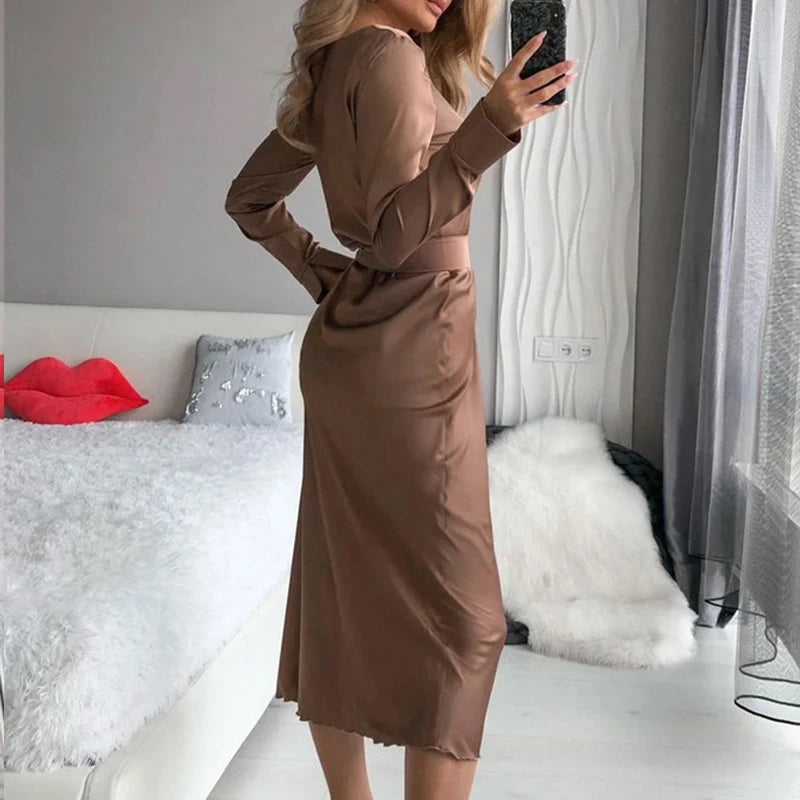 Koisoon Elegant Women Slim O-Neck Satin Dresses Female Chic Casual Long Sleeve Long Dress with Belt Luxury Solid Bag Hip Party Dress