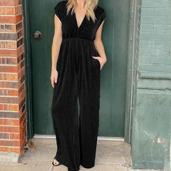 Koisoon Elegant Solid Soft Velvet Party Jumpsuits Women Spring V-neck Elastic Waist Straight Rompers Summer Sleeveless Wide Leg Overalls