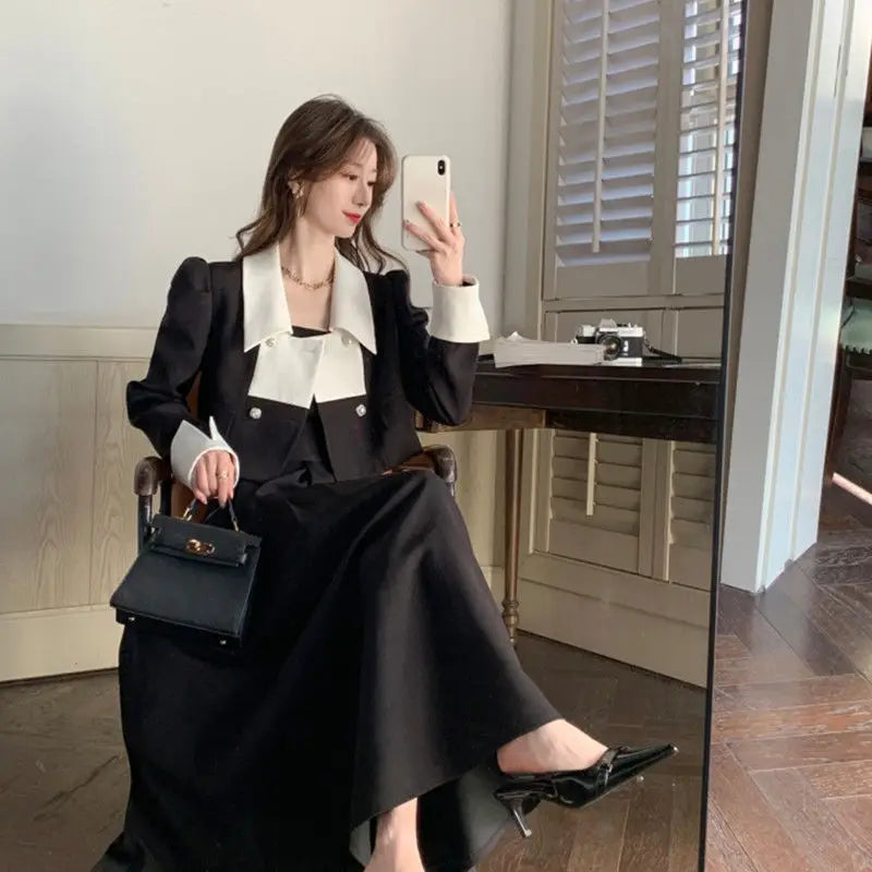 Koisoon Autumn Elegant 2 Piece Dress Set Women Slim Vintage Party Office Lady Korean Suit Long Sleeve Crop Tops + Casual Midi Skirt