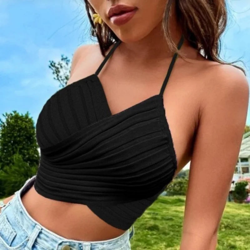 Koisoon Summer Women Sexy Cross Halter Knitting Camis New Fashion Female Clothing Black White Contrast Sweet Short Crop Top Tanks