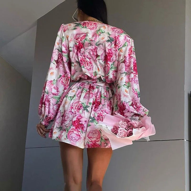 Koisoon 2024 Autumn New Floral Print Casual Romper Lady Sexy V Neck Lace Up Shorts Jumpsuits Fashion Long Sleeved High Street Playsuit