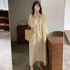 Koisoon Vintage 100% Cotton Women Dress V Neck Long Sleeve Korean Jananse Pajama Dresses Ladies Comfortable Homewear Wearable Outside