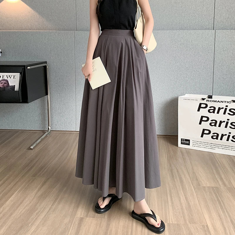 Koisoon Elegant Women Pleated White Pockets Long Skirts Office Ladies Casual Loose High Waist Midi Skirt 2024 Spring Summer