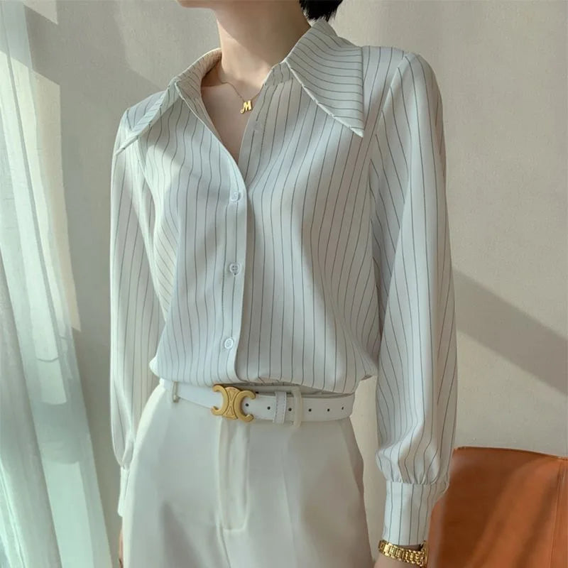 Koisoon White Stripe Long Sleeve Shirt Woman Office Ladies Basic Blouses Old Money Style Korean Fashion Summer Loose  Aesthetic