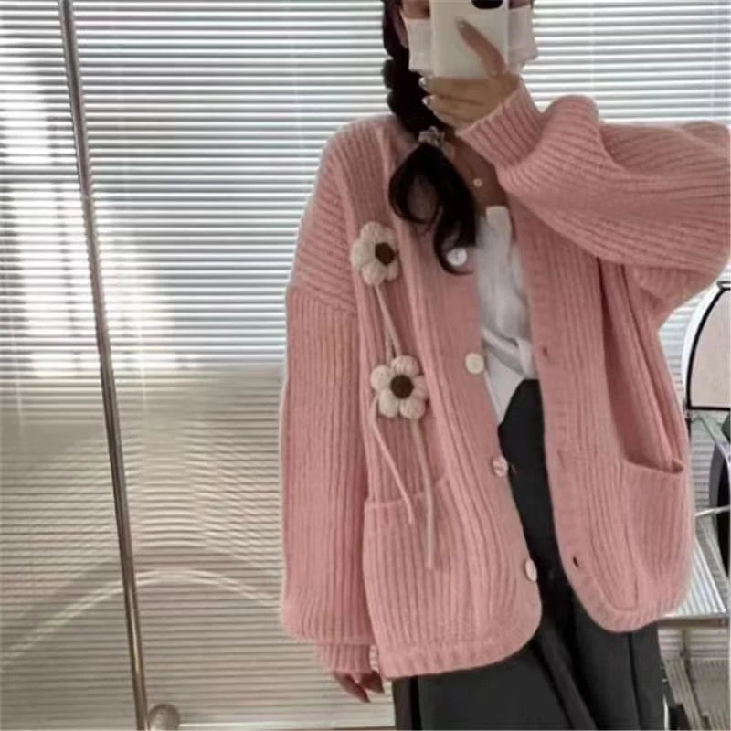 Koisoon Korean Women Cardigan Sweater Autumn Fashion Designed Flower Loose Knitted Coats Casual Female Preppy Style Jacket New