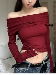 Koisoon 2024 Spring Sexy Bodycon Slim Tops Off Shoulder Long Sleeve Crop Tops Women Spicy Girl Fit Short Red T-shirt Korean Clothing