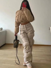 Koisoon Multiple Pockets Cargo Pants For Women Loose High Waist Fashion Sweatpants Women's Baggy Streetwear Pant Woman Trousers