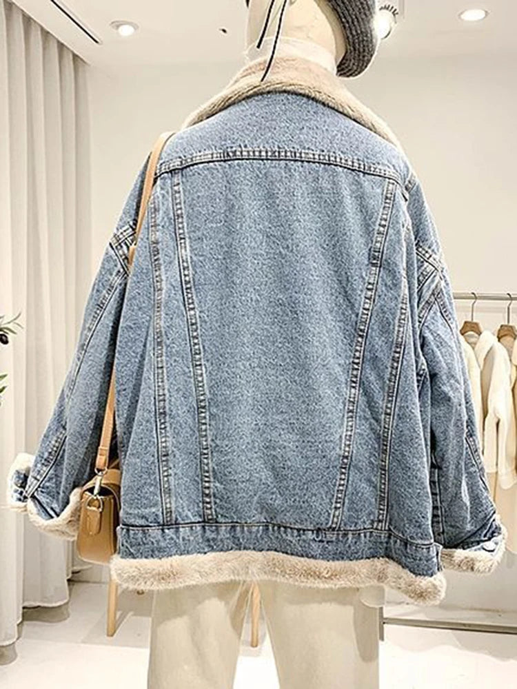 Koisoon Winter Thicken Denim Jacket Women Loose Casual Warm Jeans Coats Street Wear Fur Collar Long Sleeves Female Clothes