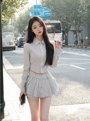 Koisoon Sweet Hot Girls Sexy Preppy Style Suit Women's Spring/Autumn Irregular Long-sleeved Short Shirt Pleated Mini Skirt Two-piece Set