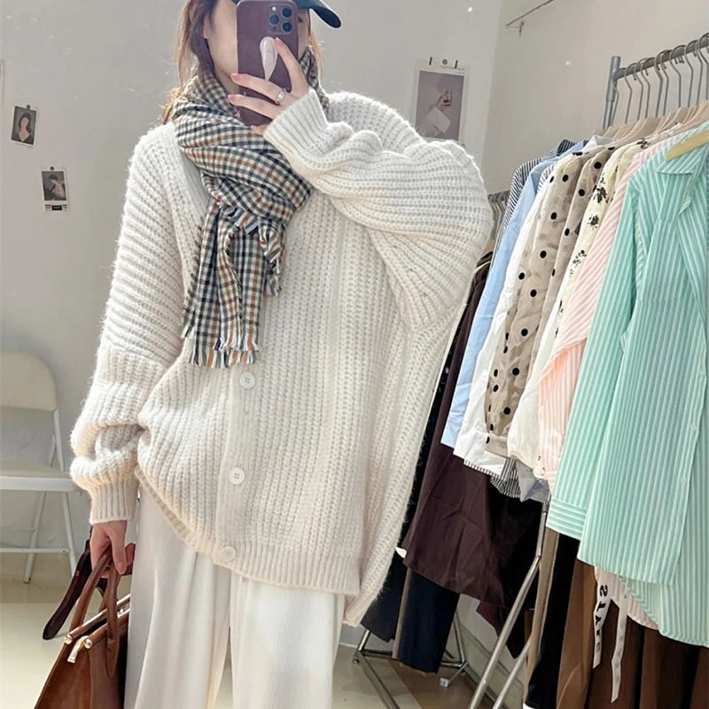 Koisoon V Neck Women's Oversize Cardigan Korean Fashion Long Sleeve Sweater Jacket Women Solid Single Breasted Chic Cardigans